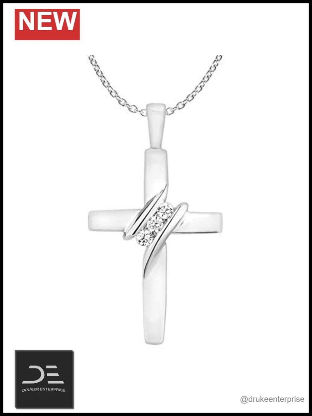 10k White Gold Diamond Cross Pendant Necklace 18" Chain Round Cut 3 Stones